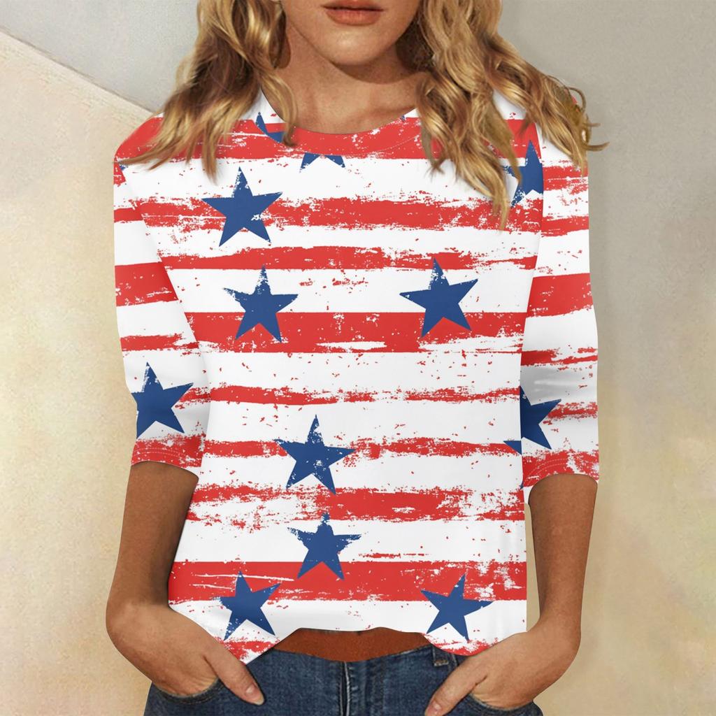 Dámské módní ležérní tričko s kulatým výstřihem a 3/4 rukávy volného střihu s potiskem Dne nezávislosti dámský top