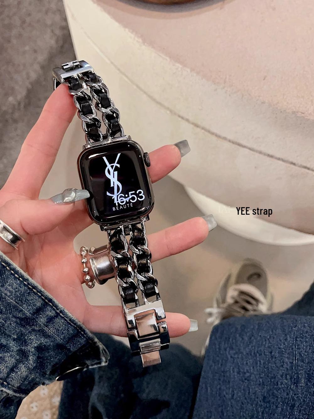 

Шикарный джинсовый ремешок с двойной цепочкой для Apple Watch Ultra/SE 987654 38/40/41 mm чёрный/серебряный