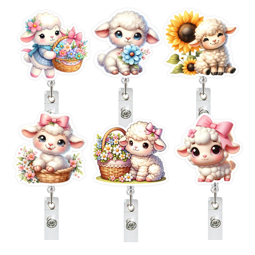 Easter Decoration Retractable Id Badge Holder Reel Keychain Easter Lamb Flower Sunflower Badge Reel For Nurse Doctor Gift