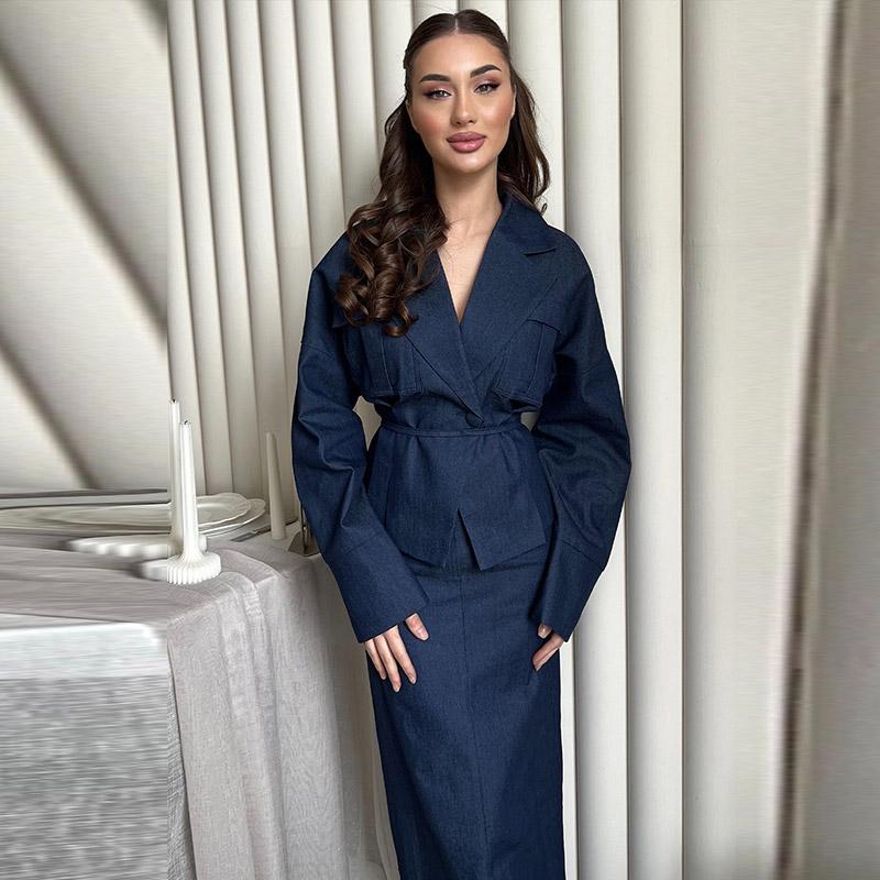 Casual Jackets Skirts Sets Women Loose V Neck Long Sleeves One Button Belt Outfits Female 2025 Summer Fashion Chic Solid Set