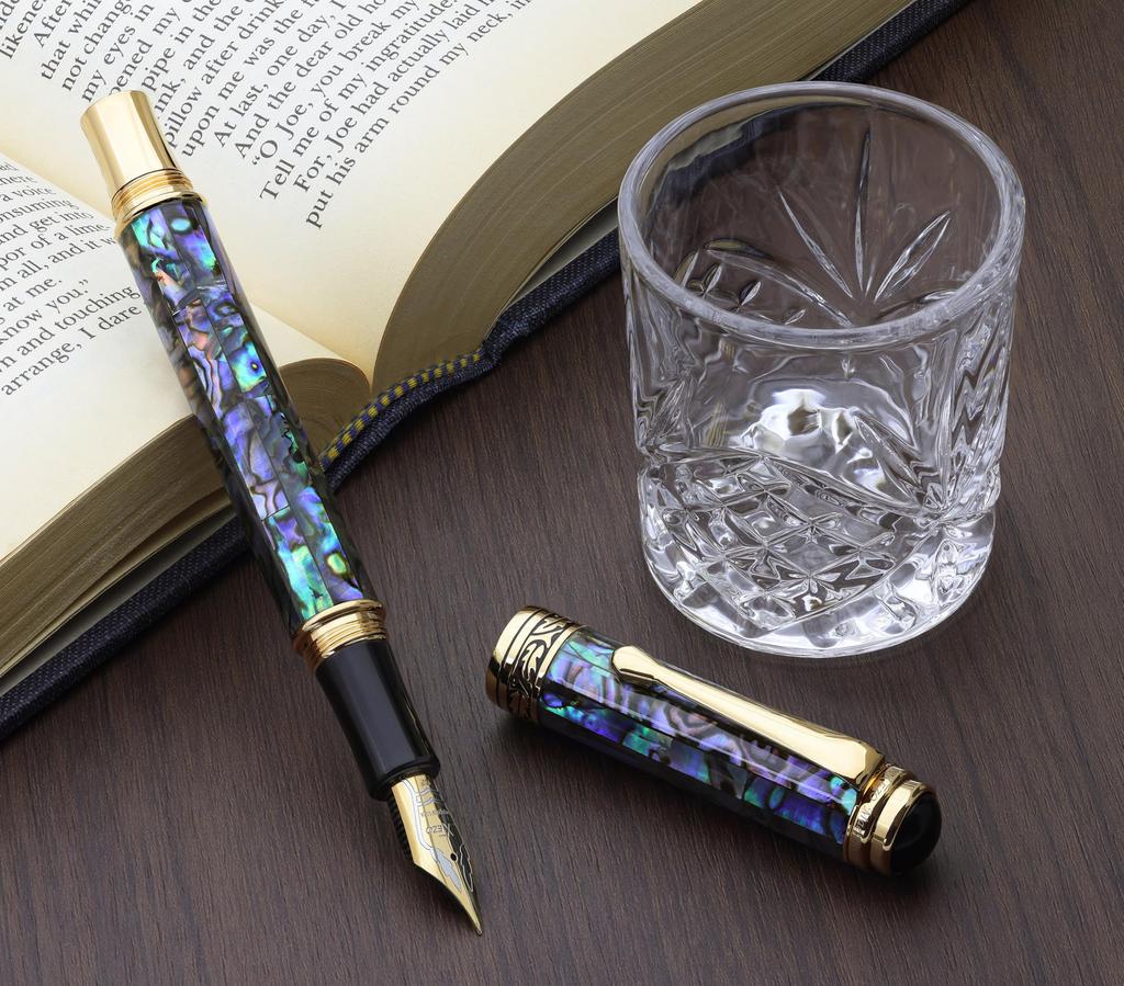 Xezo Maestro Fountain Extra Fine Nib Gift of Writing 18K Paua Each Unique Pen, (0.3mm Line), Series, Gold-Plated Abalone, Handmade, Serialized,