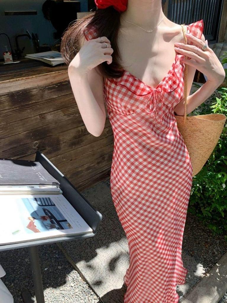 Ripe Cherry Red Plaid Suspender Fishtail Skirt Women's Spring and Summer New French Gentle Seaside Vacation Dress