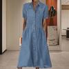 Women Summer Dress Single-breasted Short Sleeve Lapel A-line Loose Hem Pockets Solid Color Soft Breathable Mid-calf Length Lady Midi Dress