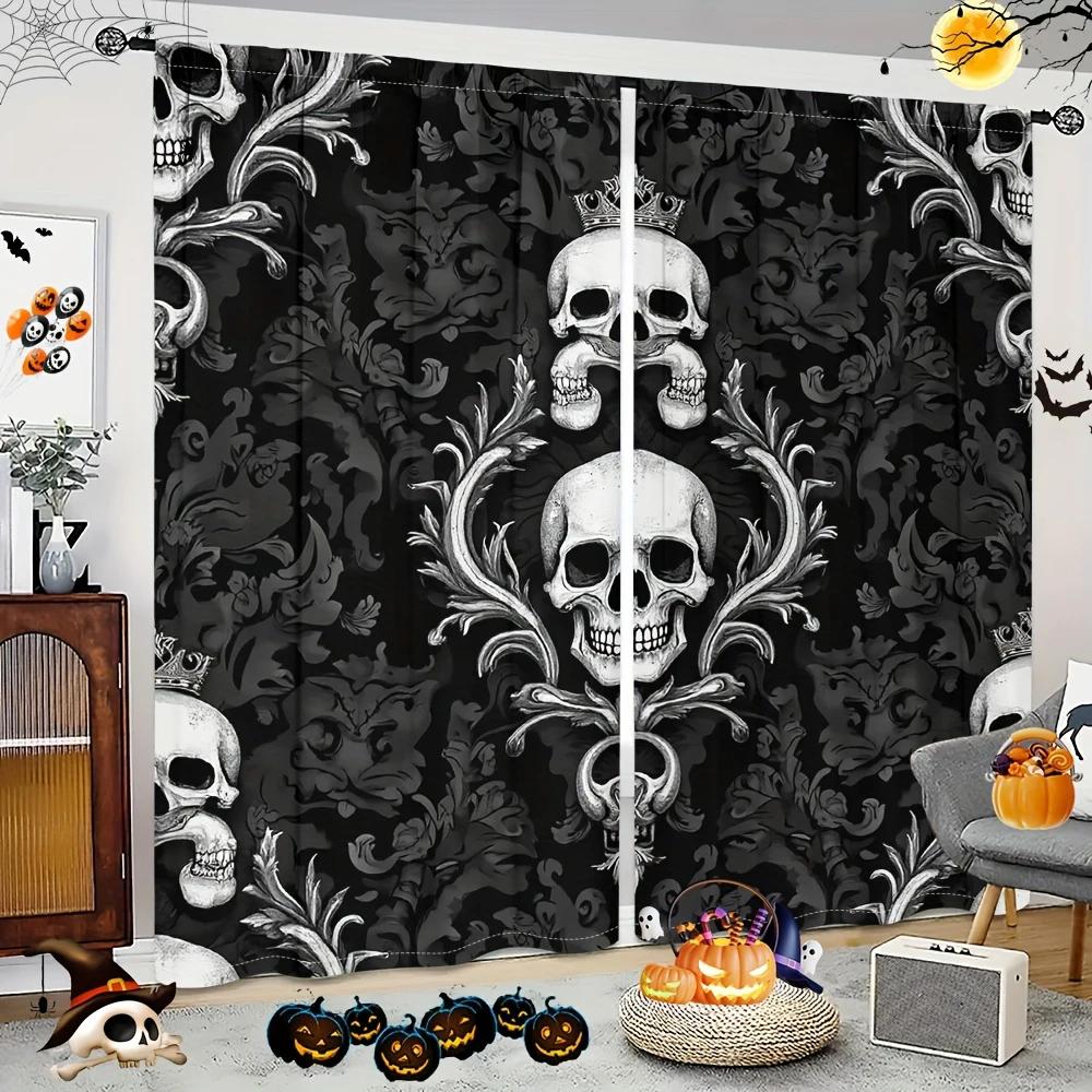 Set aus 2 Halloween Gothic Totenkopf-Print Vorhängen Stangentasche Heimdekorationen Zimmervorhang Polyester