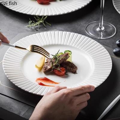Reinweißer breiter Rand gestreifter Keramikteller Restaurant Steakteller tiefer Suppenteller Salatteller Dessertteller Hotelgeschirr