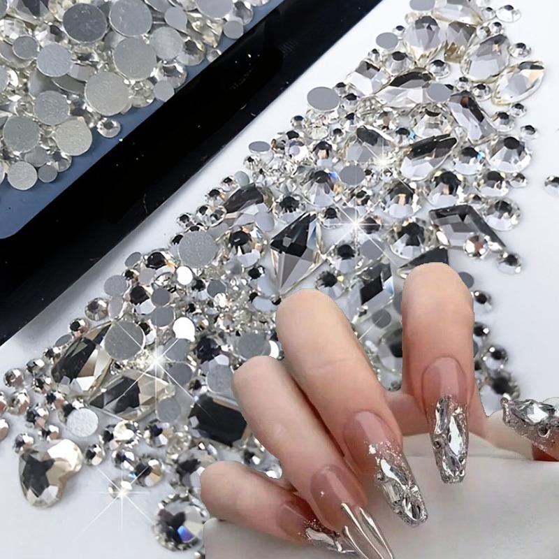 170Pcs Mixed Round Crystal Clear Nail Art Rhinestone Champagne AB Flatback Glitter Diamond Nail Charms Glass Gems Manicure Parts