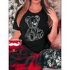 European sizes Women's Linear Bear & Line Drawing Print T-Shirt - Short Sleeve Round Neck Summer Top with Line Bear Pattern, Casual - Blouse for Women