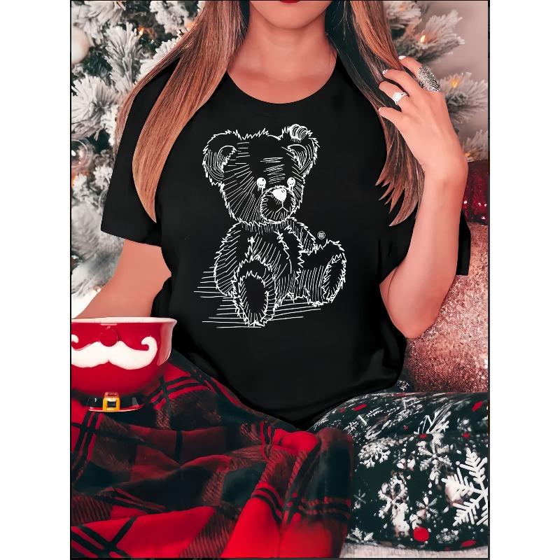 

European sizes Women s Linear Bear & Line Drawing Print T-Shirt - Short Sleeve Round Neck Summer Top with Line Bear Pattern, Casual - Blouse for Women 4XL