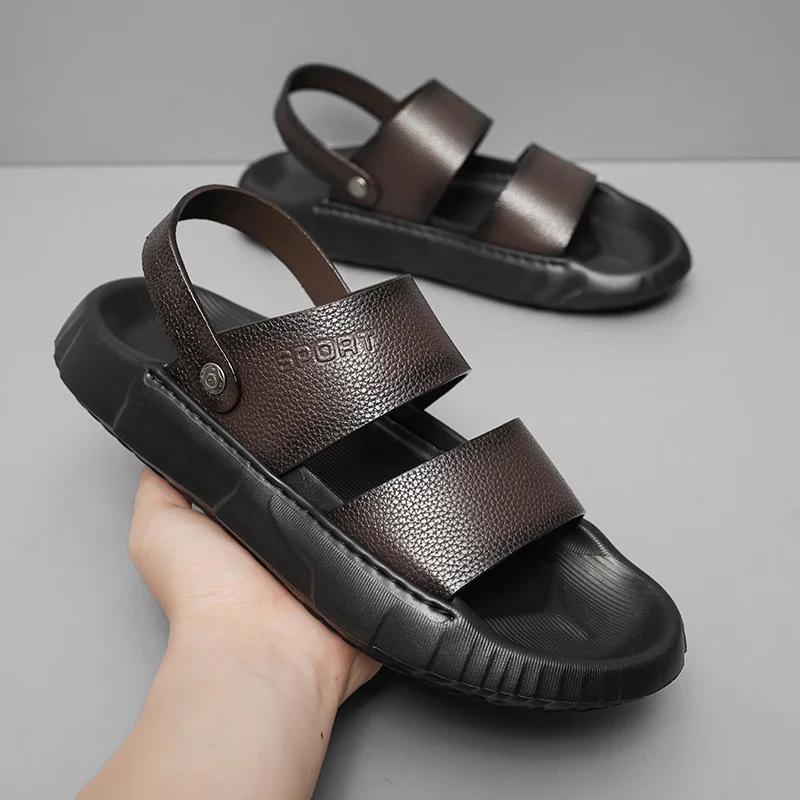 Fashion Summer Men Genuine Leather Outdoor Slippers New Fashion Casual Beach Slippers Antiskid Breathable Comfy Soft Bottom Walking Shoe