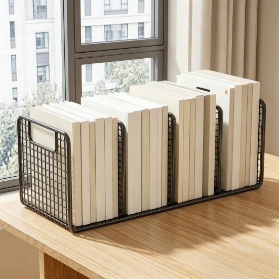 Iron Bookshelf with 4-Grid Organizer Thick Iron Anti-Rust Durable Book Storage Rack for Office Documents