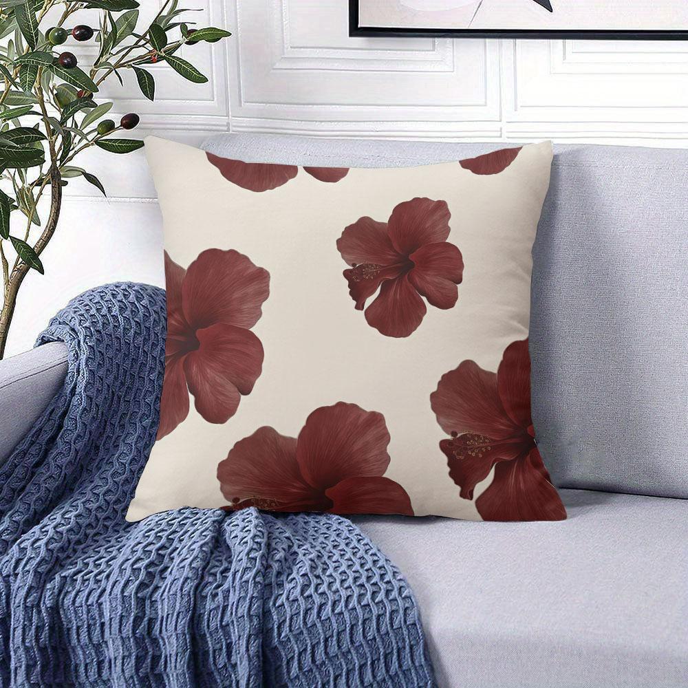 Burgundy Hibiscus Blooms Square Jacquard Pillow Cover for Sofa Office Waist Cushion Cover Home Decorative Pillowcase