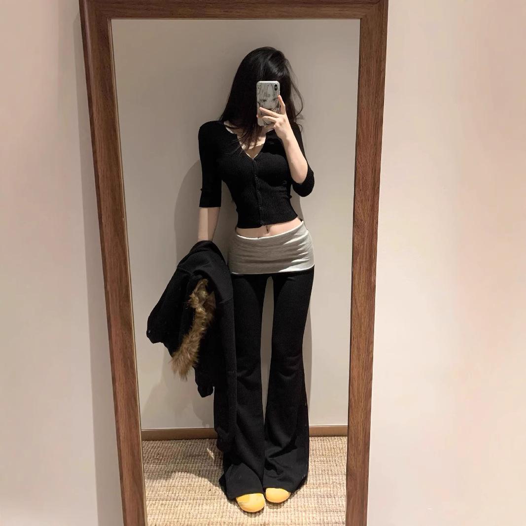 

American Spicy Girl Colorblock Turn-Up Low-Rise Micro-Flare Yoga Pants: Women s Slimming Casual Autumn Sportswear Large