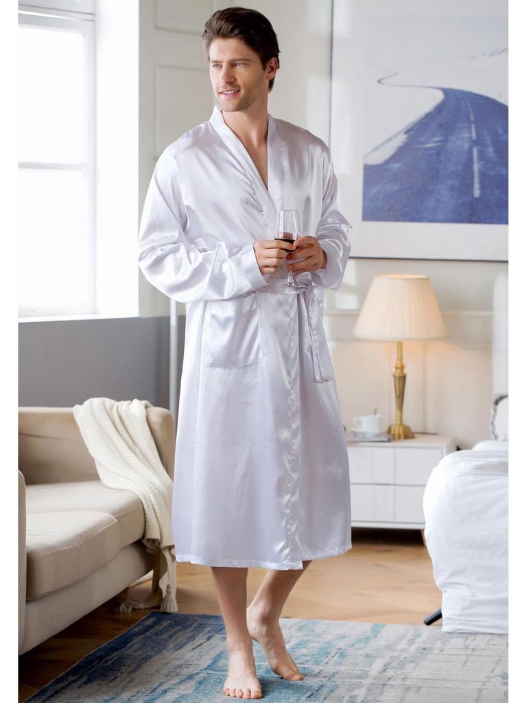 Men's Summer Lightweight European-Size Silk-Feel Mid-Length Cardigan Bathrobe Pajamas