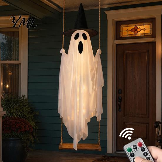 Dekoratives Gespenst für Veranda Leuchtende Halloween Hängeschaukel mit Hexenhut, Fernbedienung Einstellbare Gruselige Ornamente Helligkeit,