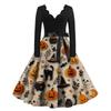 Women's Casual V Neck Long Sleeve Dress Halloween Print Fit and Flare Waist Tie Belt Knee Length Dress