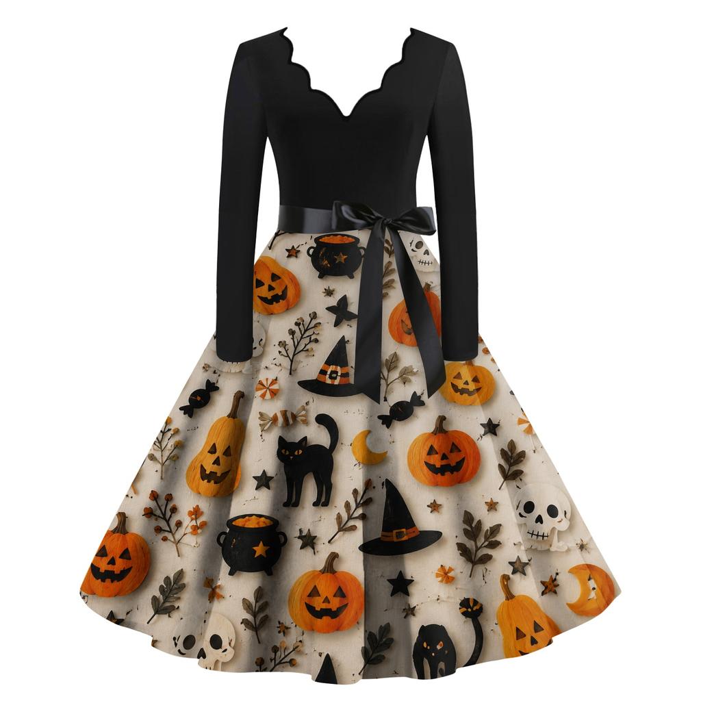 Women's Casual V Neck Long Sleeve Dress Halloween Print Fit and Flare Waist Tie Belt Knee Length Dress