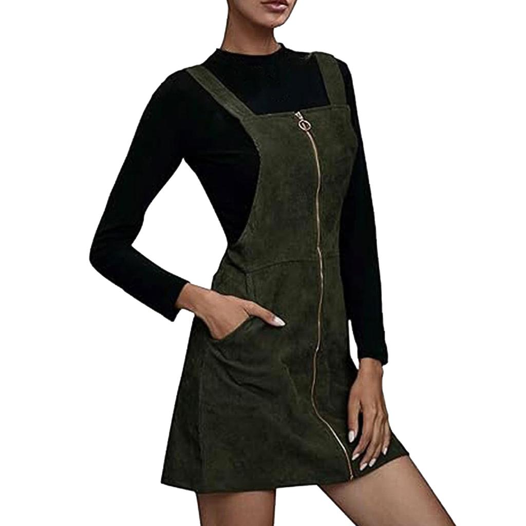 Damska modna sztruksowa jednokolorowa całoroczna damska sukienka bez rękawów z zamkiem błyskawicznym i kieszeniami na co dzień