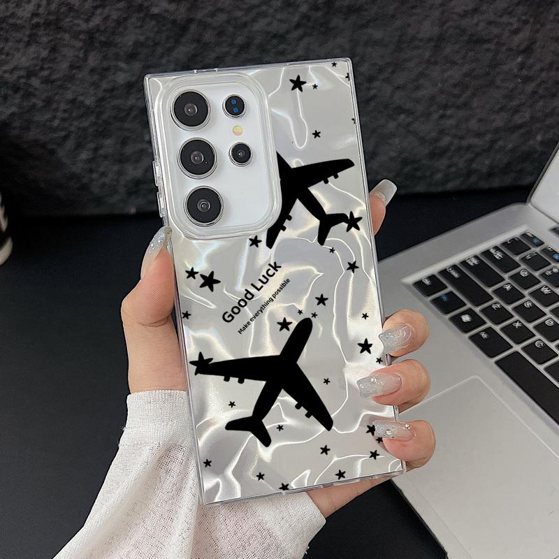 Airplane Pattern Camlet Laser Case For Samsung Galaxy S25 S24 S23 Ultra Plus S24 FE A55 A56 A54 A25 A15 A16 A34 5G Phone Cover