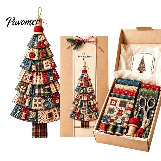 Cadeau d'artisanat de Noël pour adultes Kit d'arbre patchwork surdimensionné à faire soi-même, Ensemble d'assemblage en tissu à carreaux rétro Art des fêtes et avec des ornements suspendus Maison