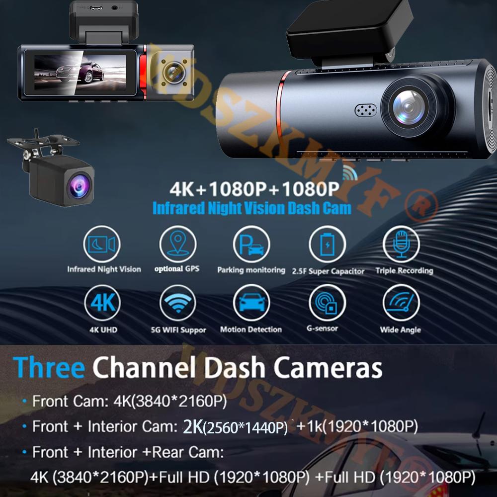 UHD 4K Dash Cam 3 Lens Driving Recorder Car DVR 1080P Rear Lens Camera Built-In WiFi GPS 24-Hour Parking Monitoring Black Box