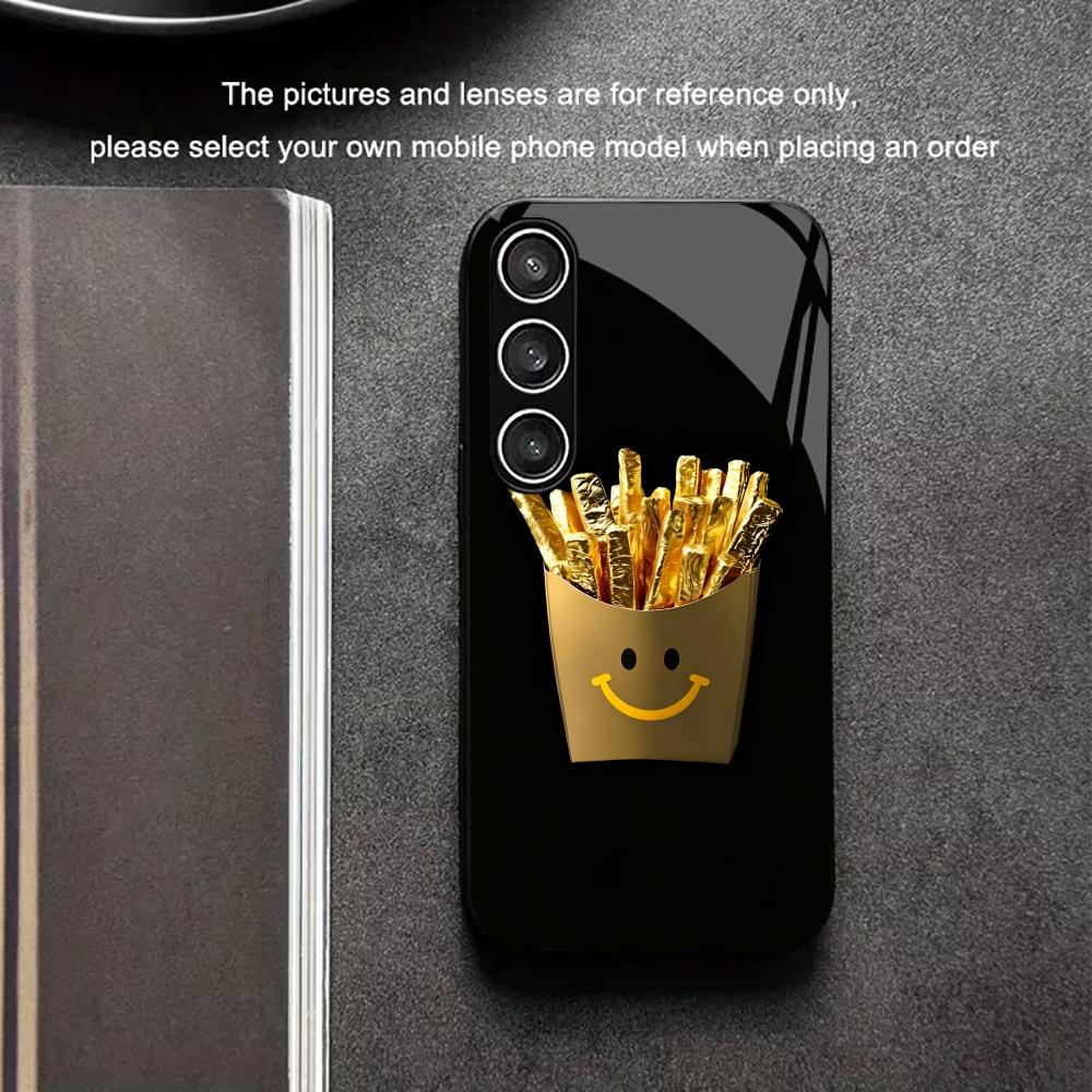 Smile face French fries Exquisite High-end PhoneCase Glass TPU PhoneCase for Samsung Galaxy S26 S25 S24 S23 S22 FE,Ultra,Plus