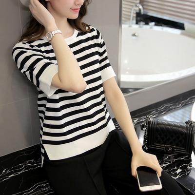 T-shirt Casual Rayé Lâche à Manches Courtes pour Femme, Bloc de Couleurs, Col Rond, Fendu, d'Été