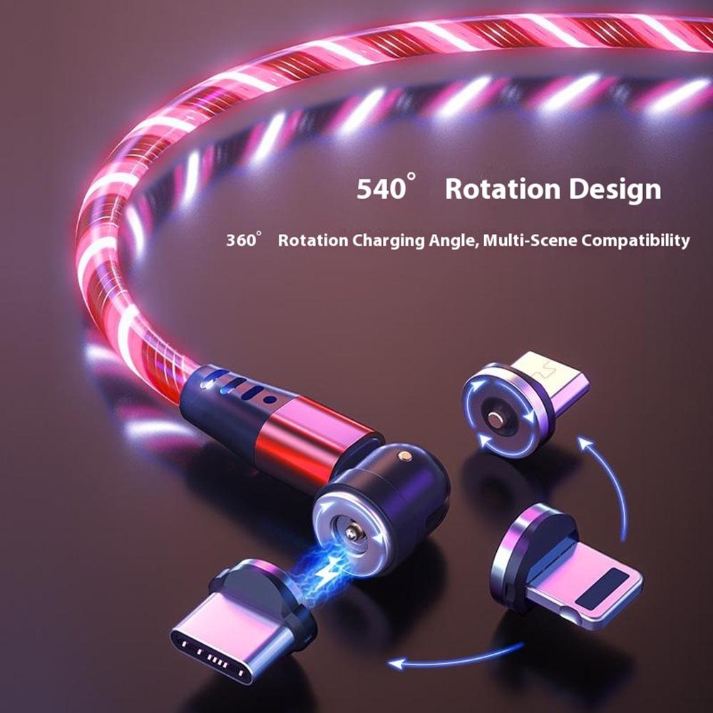 3 in 1 540 Degree Rotating Magnetic Charging Cable with Flowing Light 1m Elbow Gaming Cable for Apple/Android/Type-C
