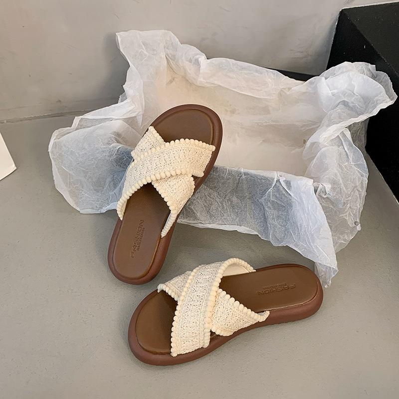 White Retro Woven Thick-soled One-word Slippers for Women's Summer Wear 2025 New Models with Skirts To Increase Height and Cool Slippers