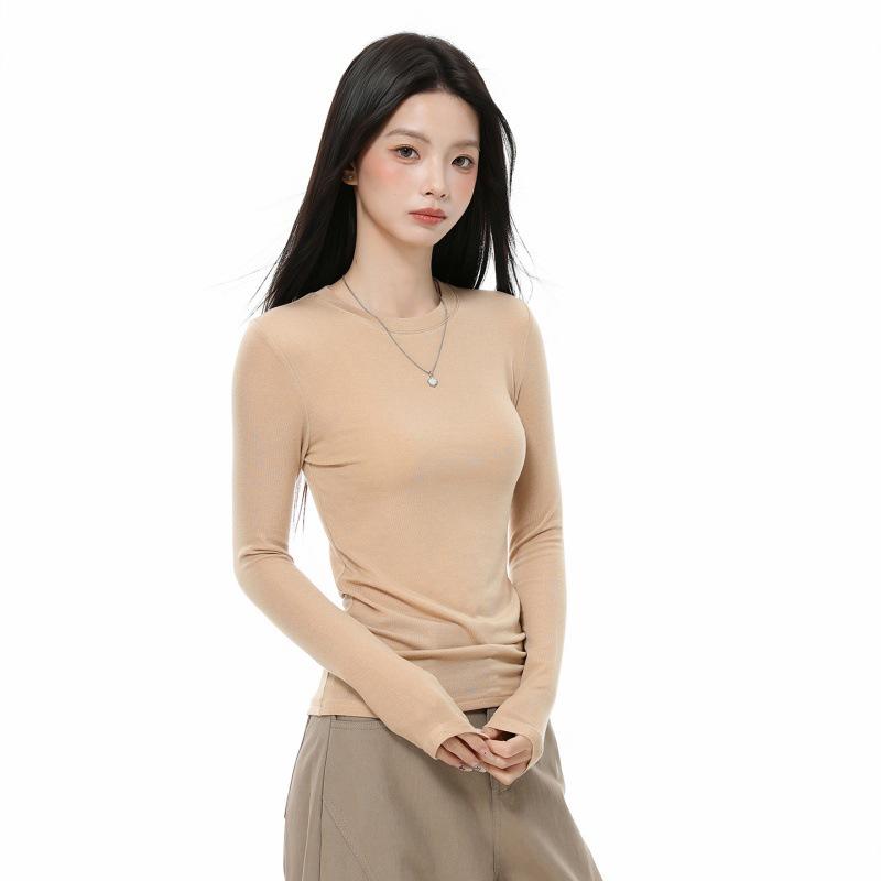 Women's Gray Slim-Fit Long-Sleeve T-Shirt: Korean Style, Autumn/Winter Base Layer