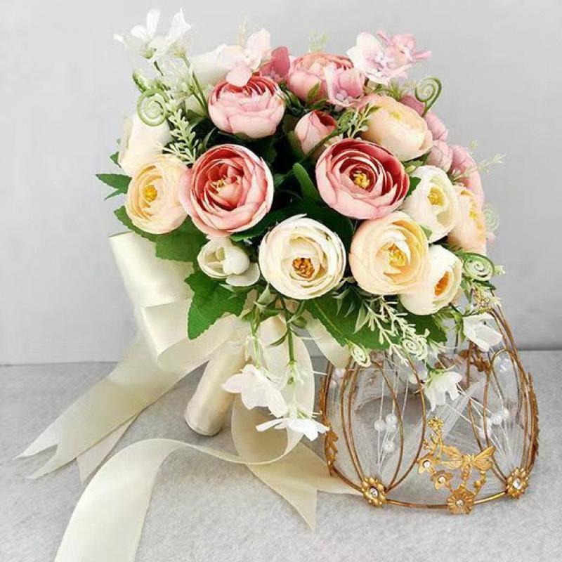 European Style Bridal Bouquet with Small Roses - Pink & White