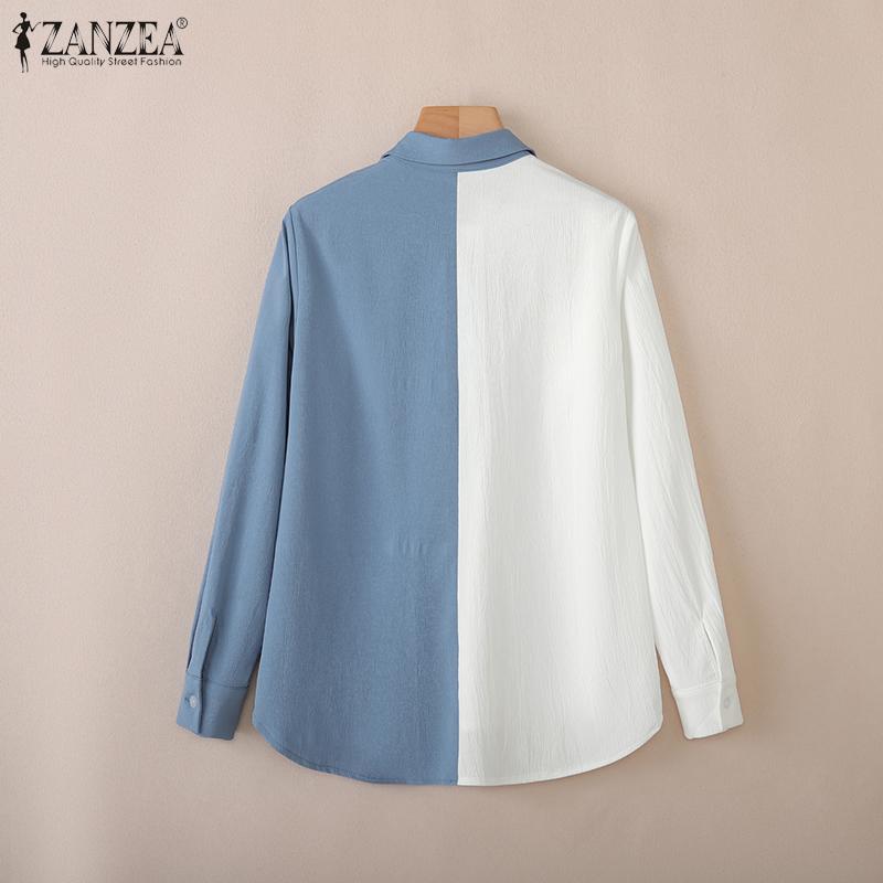 ZANZEA Women Casual Turn Down Collar Loose Long Sleeve Patchwork Blouse