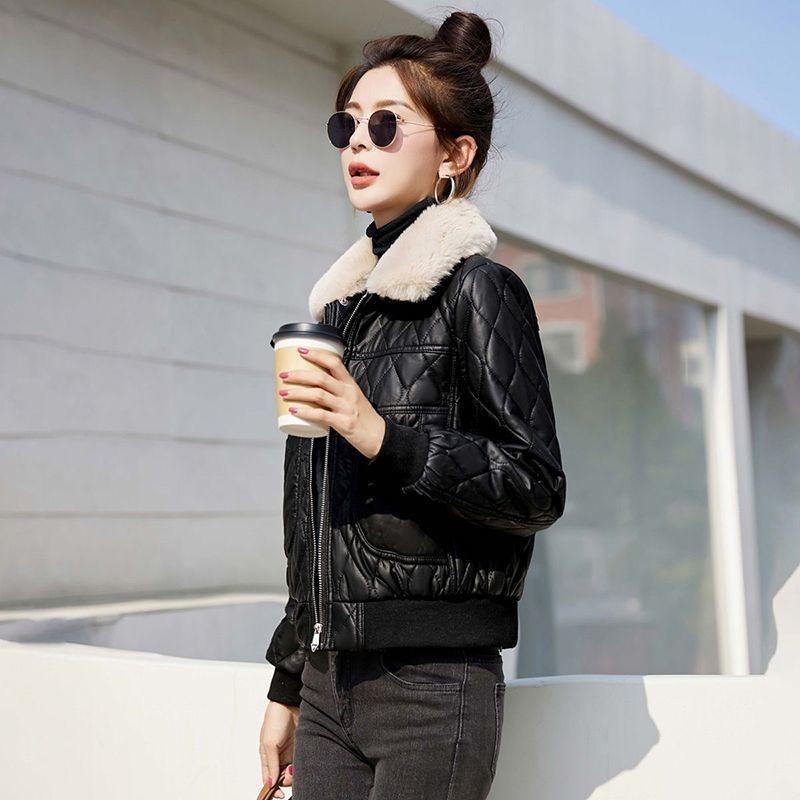Removable Fur Collar Fleece Leather Jacket Cotton Clothes Women's Short Autumn and Winter New Thickened Warm Small Jacket