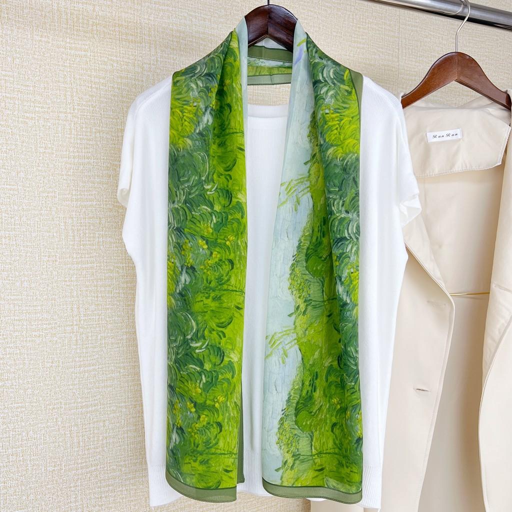 Green Oil Painting 100% Mulberry Silk Silk Long Scarf Spring And Summer Foreign Style Silk Scarf Shawl