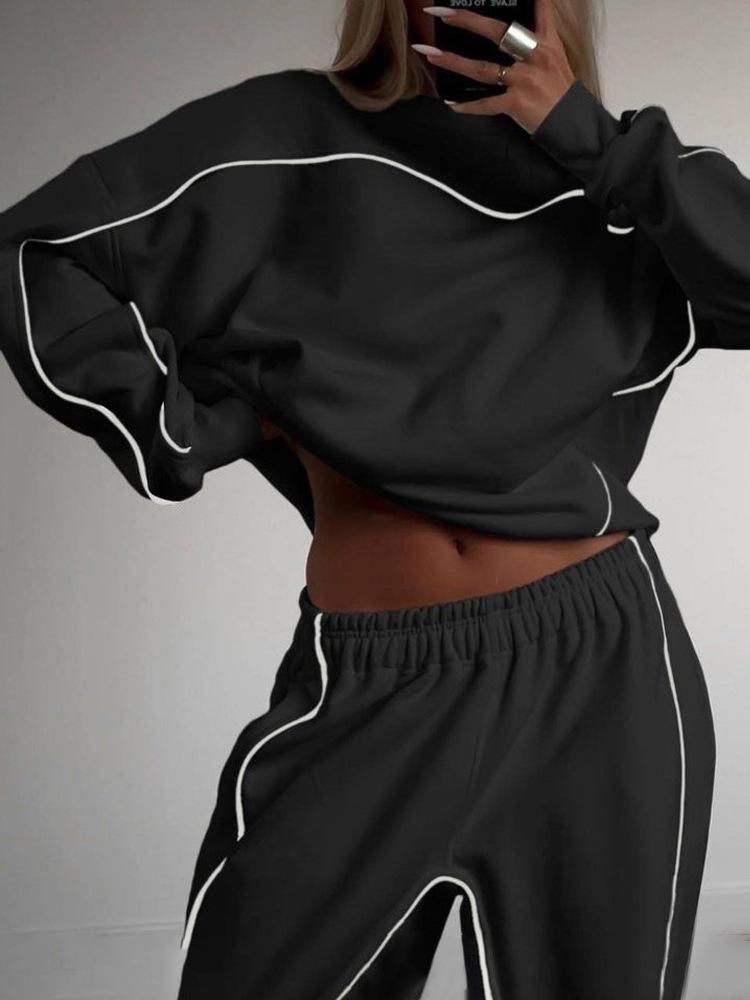 Damen Streetwear Mode Langarm Gestreifter Hoodie Hose Set Lässiges Zweiteiliges Lounge Outfit