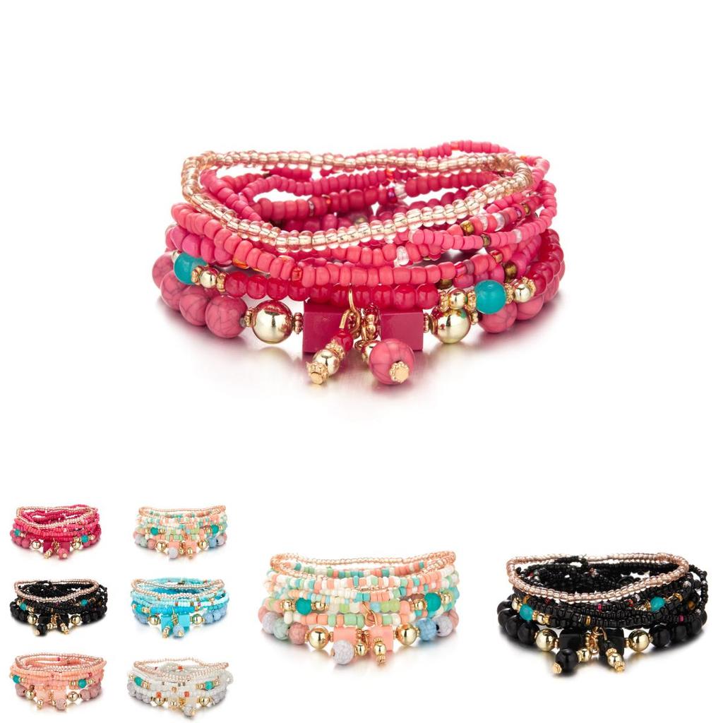 Bohemian Beaded Bracelet Set With Turquoise Elastic Cord For Gift Giving And Travel Souvenirs