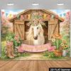 2D Plane Western-style Birthday Party Backdrop, Featuring Wooden House, White Horse, Floral and Cowboy Elements