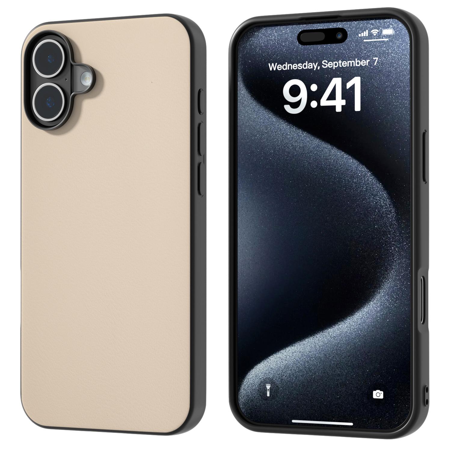 

For iPhone 16 Case PU Leather Coated TPU+PC Phone Cover with Black Edge