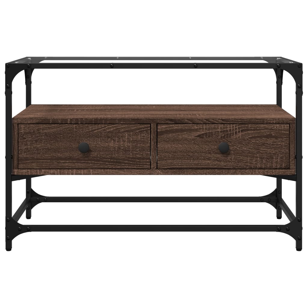 TV Stand with Glass Top Brown Oak Finish 80 X 35 X 51 Cm Particleboard