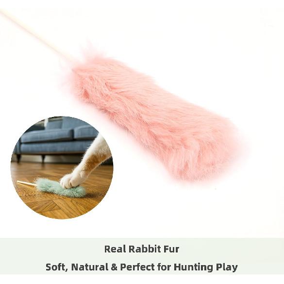 Rabbit Fur Cat Toys – 5PCS Interactive Cat Wand Toys for Indoor Cats, Soft Teaser Sticks for Play & Exercise, Natural Fur Cat s Teaser Set, 15