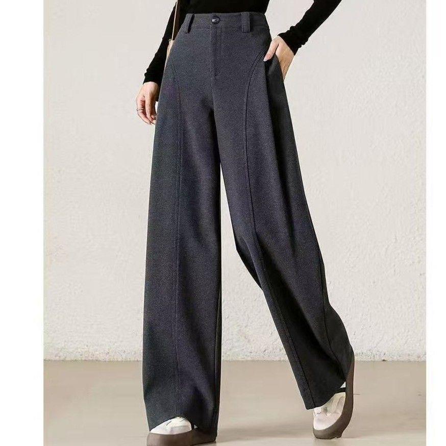 

Women s Slimming Woolen Wide-Leg Pants - Thick, Soft, Casual Autumn/Winter Straight-Leg Pants L 110-125cm темно-серого