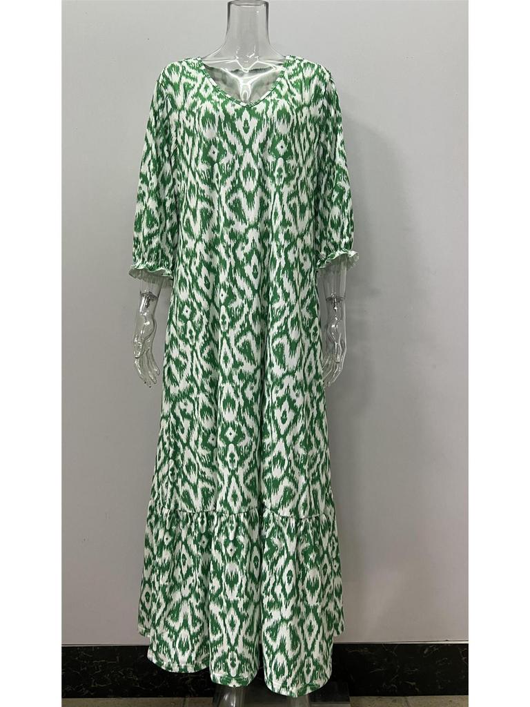 2023 Autumn/Winter European & American Casual V-Neck Printed Mid-Sleeve Dress