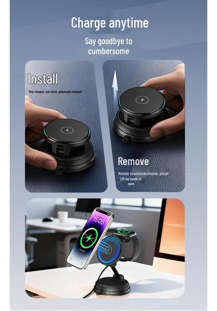 15W Magnetic Wireless Car Charger & Foldable Phone Holder with Suction Cup for Apple Devices
