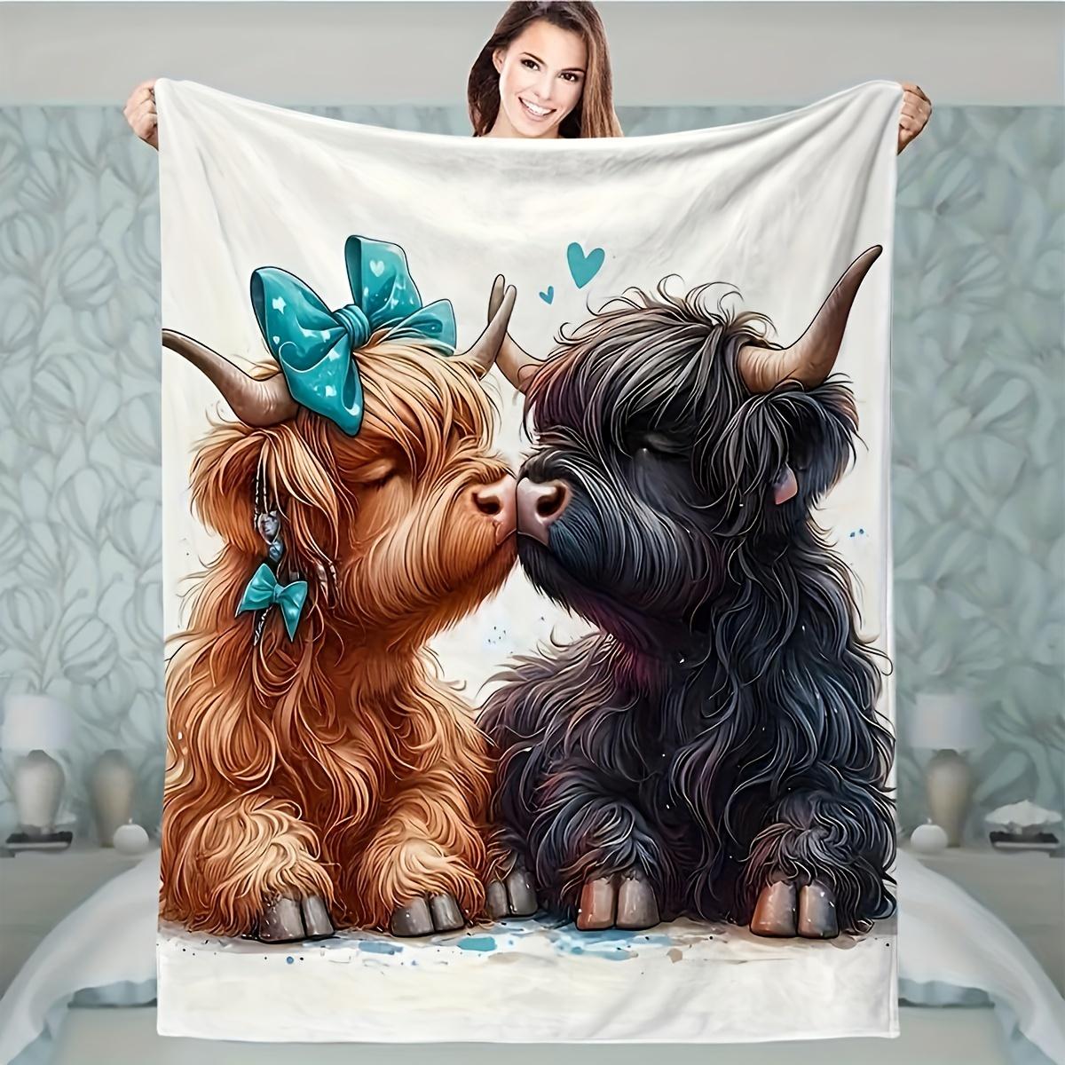 

1pc Highland Cows Print Flannel Blanket – Soft, Warm, and Cozy Multi-Purpose Throw for Office, Camping, Travel, or Home Use, All-Season Gift 150x200cm