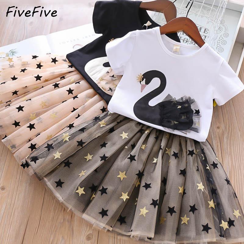 FiveFive Baby Girls Clothes Sets Summer Toddler Girls Clothes Tracksuit Suit Pattern T-shirt+Skirt Kids Outfit Children Clothes