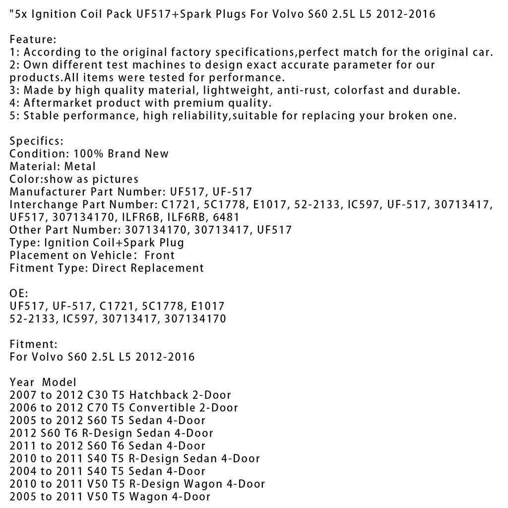 5x Ignition Coil Pack UF517+Spark Plugs For Volvo S60 2.5L L5 2012-2016