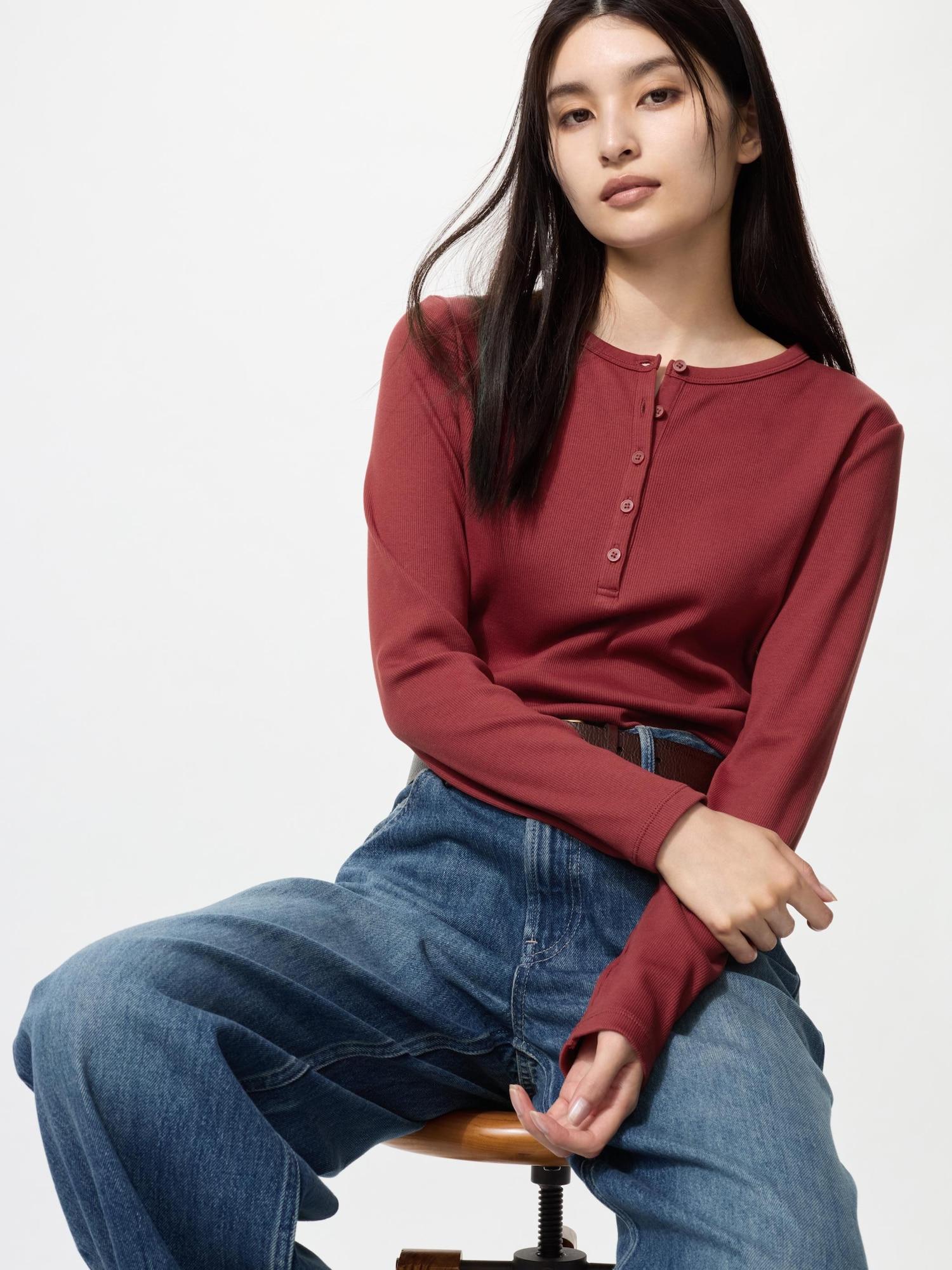 

Uniqlo Рубашка с рубчатым хенли-вырезом, длинный рукав 17 RED/XXL