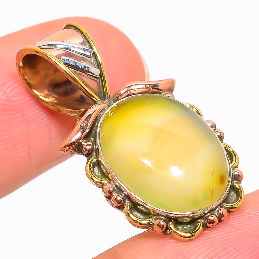 Natural Prehnite Gemstone Two Tone 925 Solid Sterling Silver Pendant 1.25" K0c11