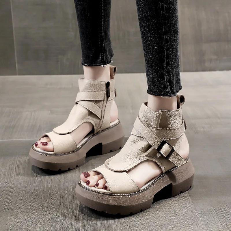 Fashion 2025 New Summer Sandals Shoes Retro Leather Wedges Platform Peep Toe High Heel Fish Mouth Black Brown Women Sandalias Mujer