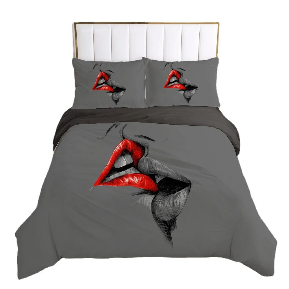 Love Couple Soft Duvet Cover Plus Pilow Shams Set,Pink, Gray,Sexy Lips,Kising, Warm Comforter Cover for Women,Young Girls,beding Set Black,red