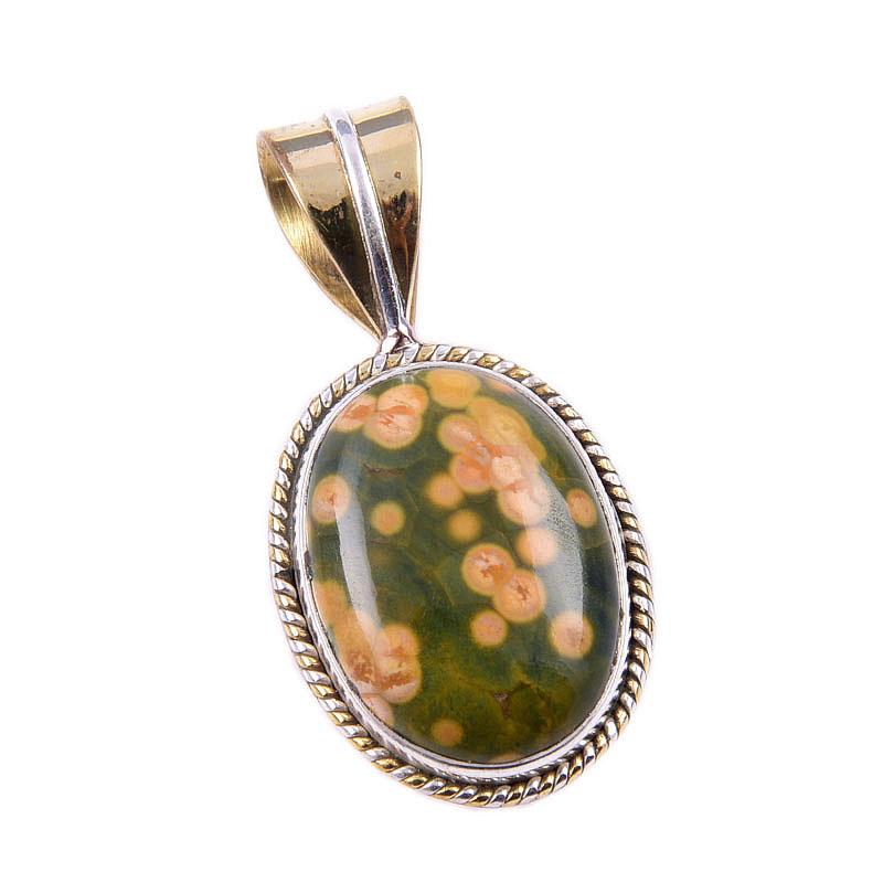 Natural Ocean Jasper 925 Solid Sterling Silver TwoTone Gift Pendant 1.25" W1t60